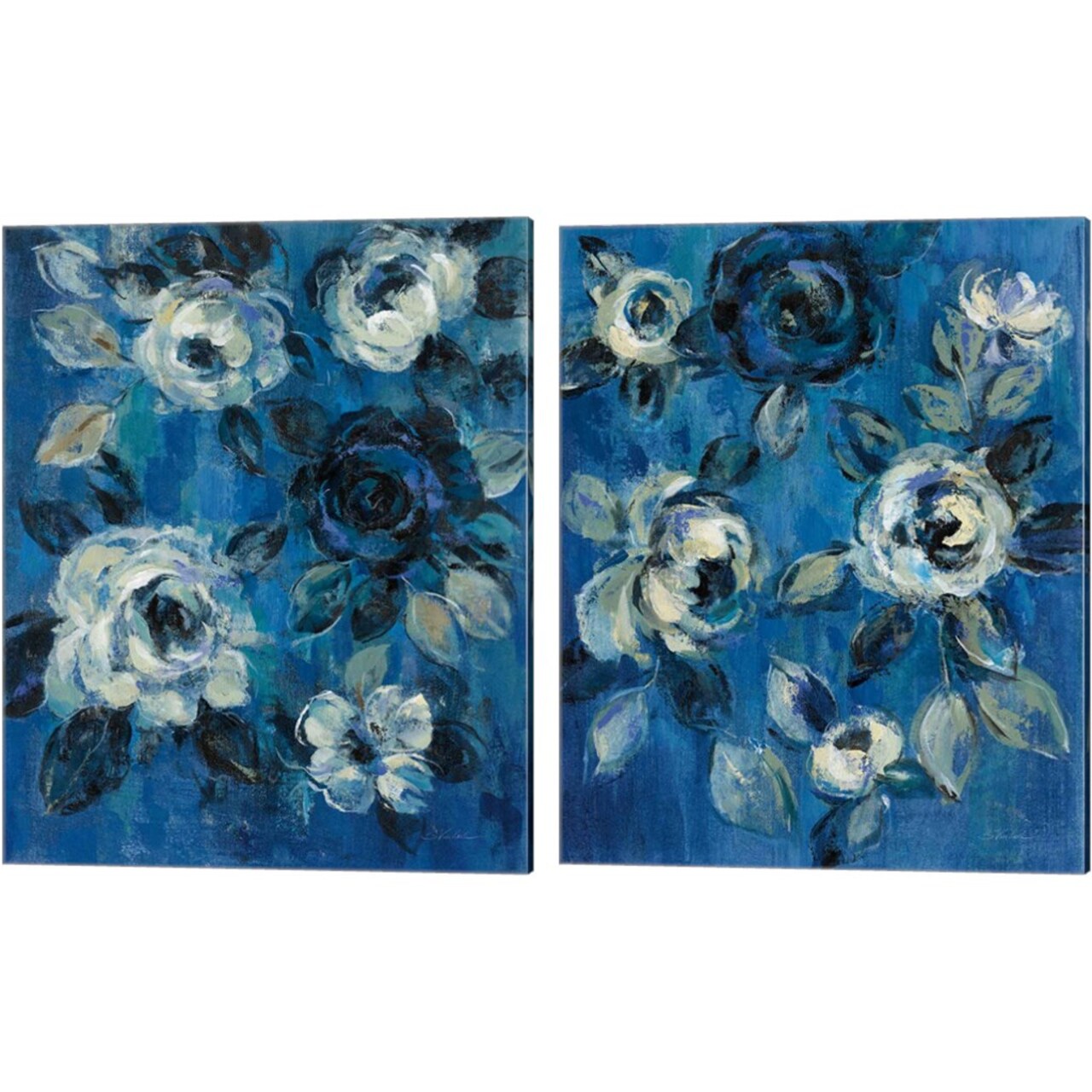 Loose Flowers on Blue by Silvia Vassileva 12" x 15" Canvas Wall Art (Set of 2)